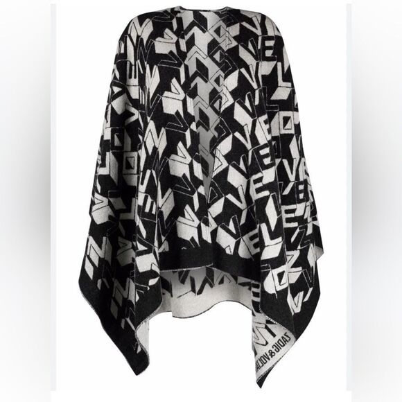 ZADIG & VOLTAIRE Elliot Love Wool-Blend Poncho - Black White LOGO - Picture 4 of 13